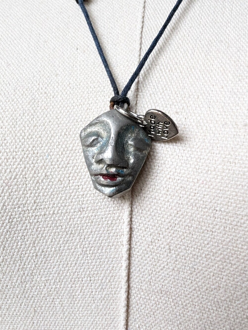 Artist Metal Cast Mask Sardini Pendant With Faux Pearls Adjustable Leather Chain